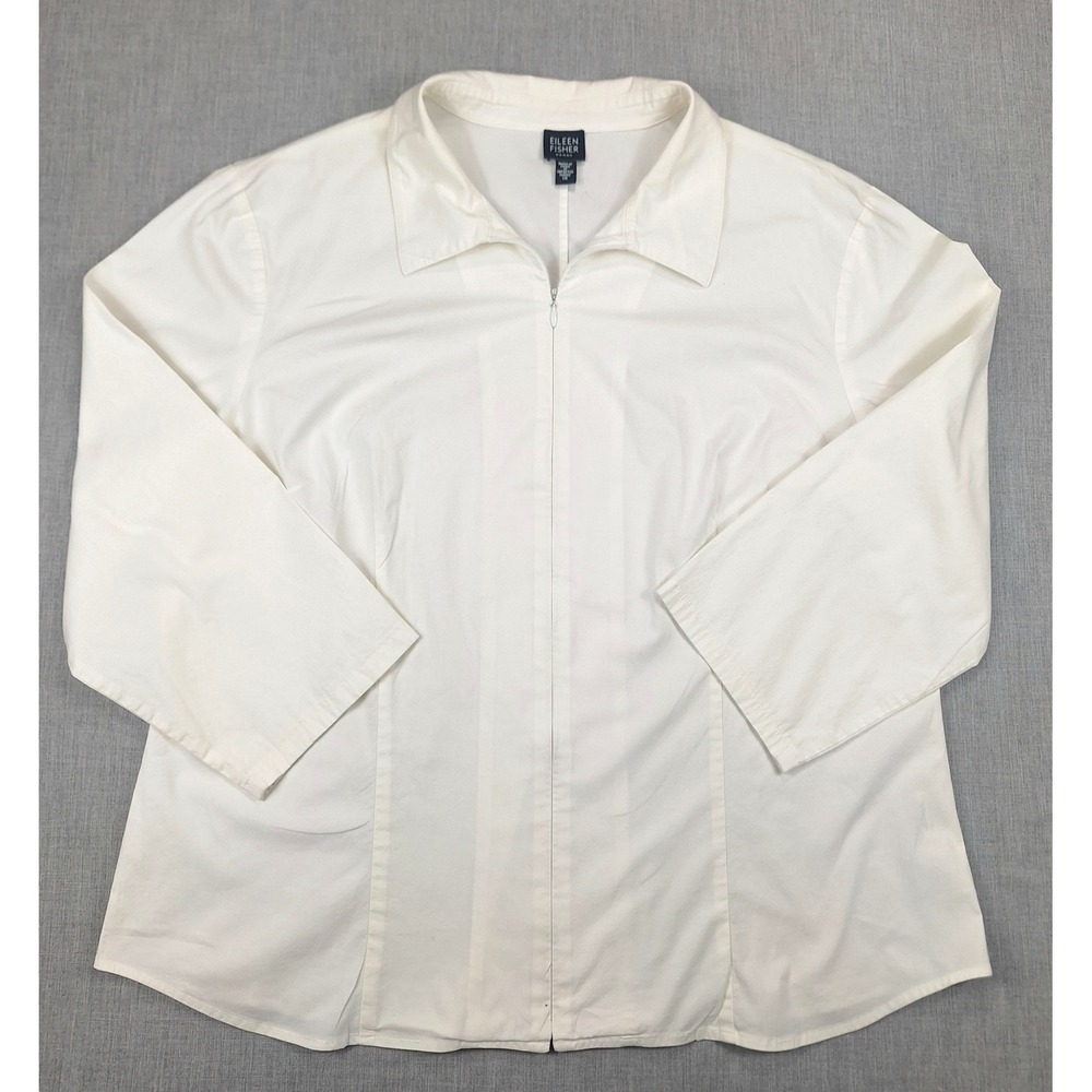 Eileen Fisher Woman White Cotton Zip Front 3/4 Sleeve Shirt Jacket Plus Size 1X